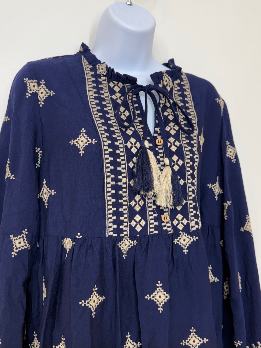 NWT Camellia Embroidered Boho Mini Dress - Size S Tassel Tie Neck- Navy - Picture 5 of 13